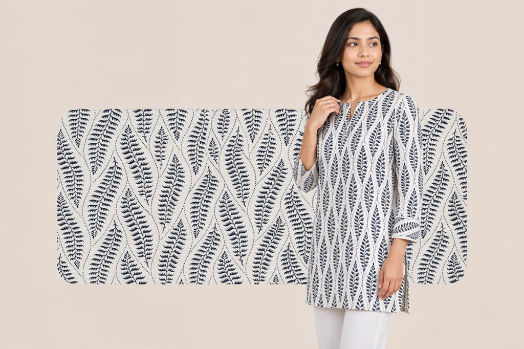 Woman wearing a patterned white and black top on a beige background